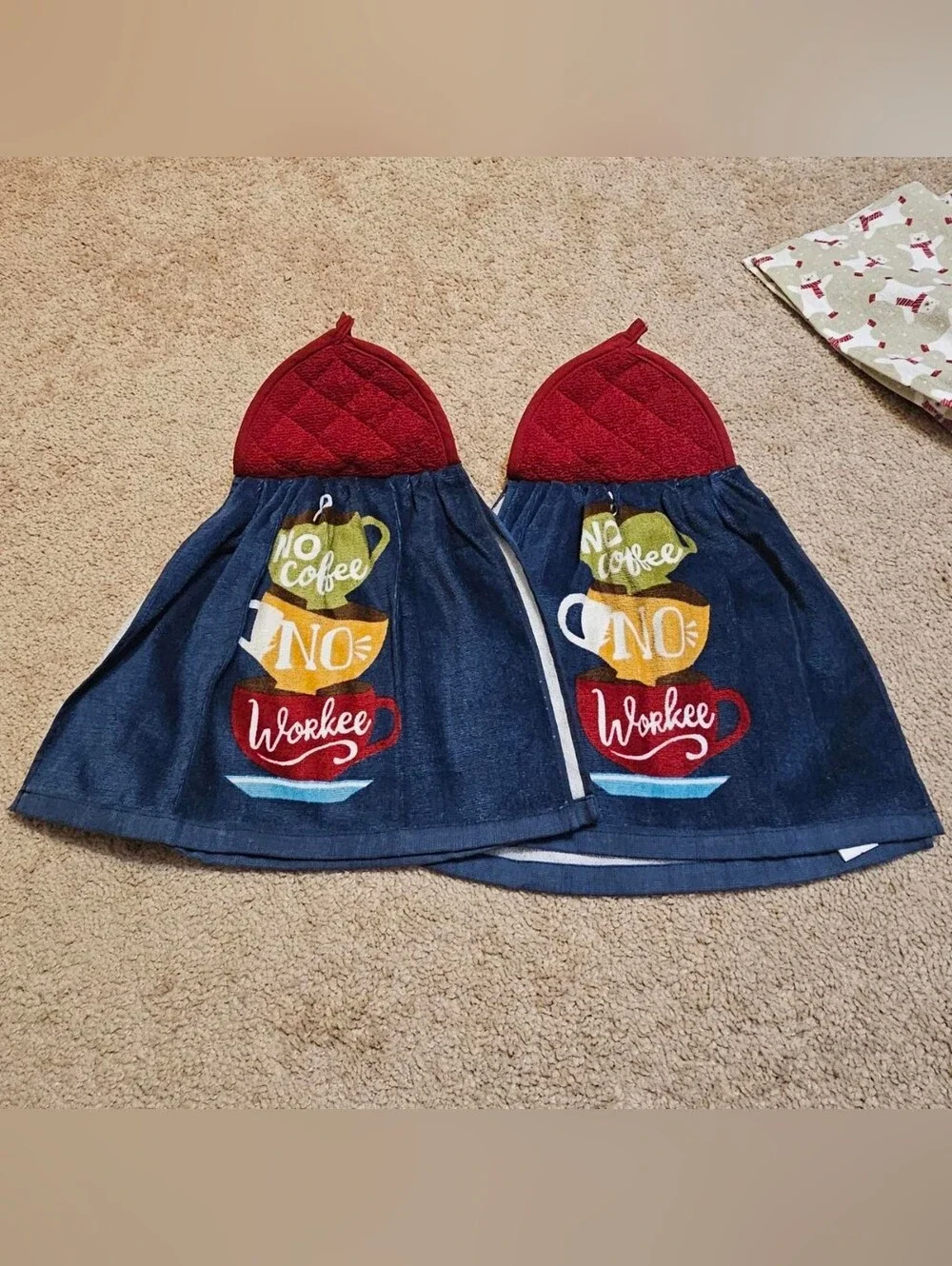2 Handcrafted Potholders Attached To Towels | Blue + Red | Coffee
